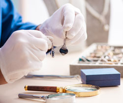 Professional jeweller inspecting a earrings for cleaning and maintenance.